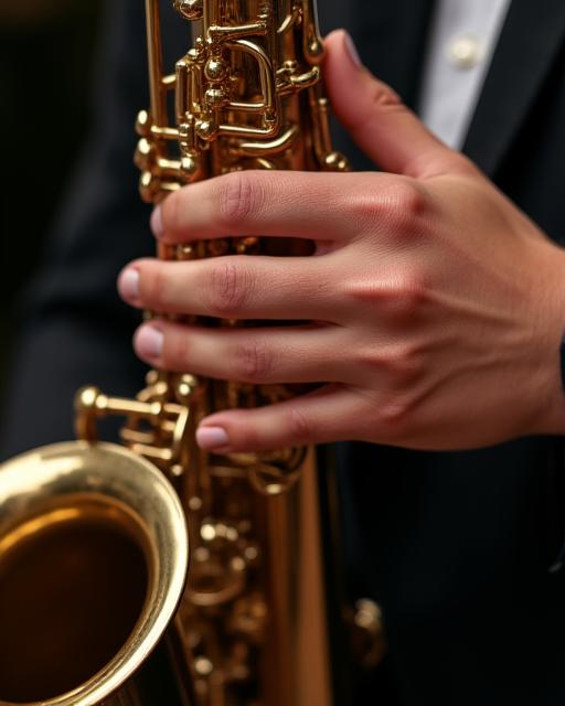 Close-up shot of a saxophonist's hands and instrument during a performance.