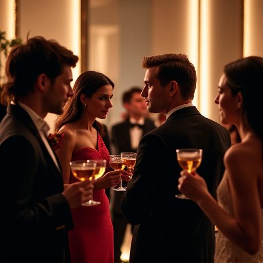 Guests mingling at a cocktail reception with a jazz band.