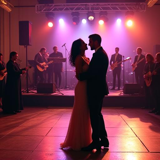 A couple dancing at a formal event, with the band visible on stage.